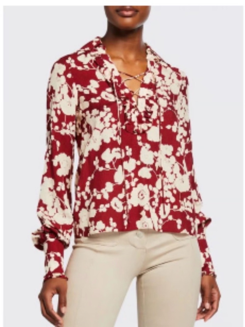Alexis Red and Cream Floral Lace-Up Blouse